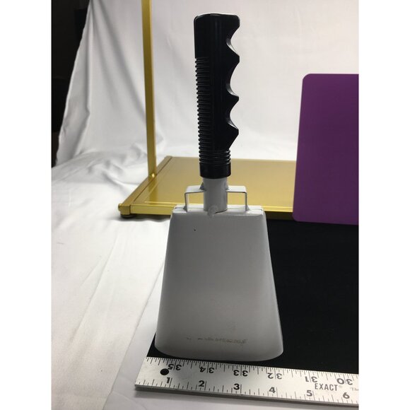 Noise Maker Cow Bell White Metal Bell Black Plastic Handle 10” Tall - Picture 12 of 13